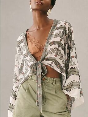 NWT. Pilcro Anthropologie Olive & Cream Tie-Front, Palms, Wrap Top, one size